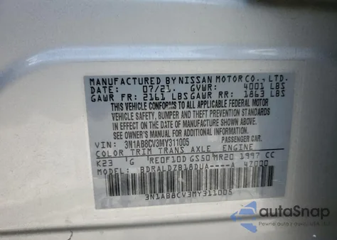 2021 Nissan Sentra Sv z USA, uszkodzony, nr VIN 3N1AB8CV3MY311005